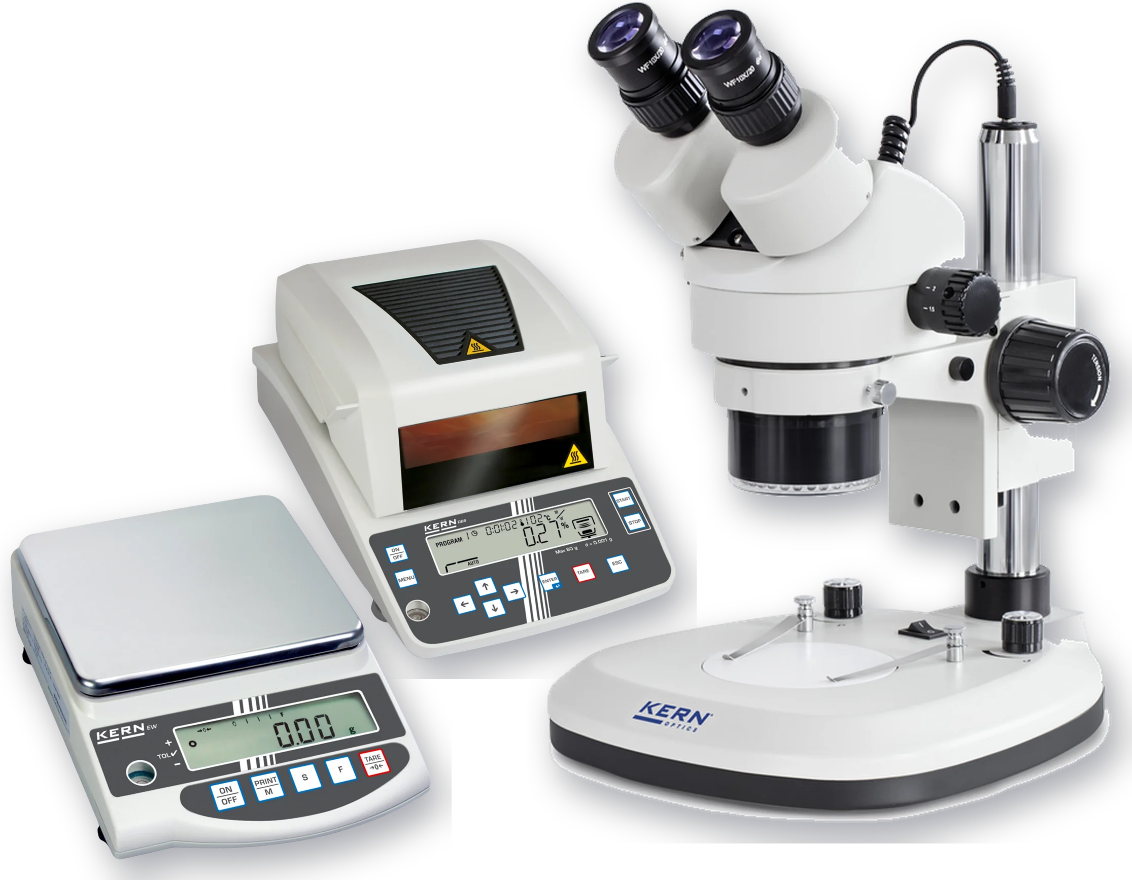 Kern Stereomikroskop OZL 465, Feuchtebestimmer DBS 60-3 und Präzisionswaage EW 6200-2NM